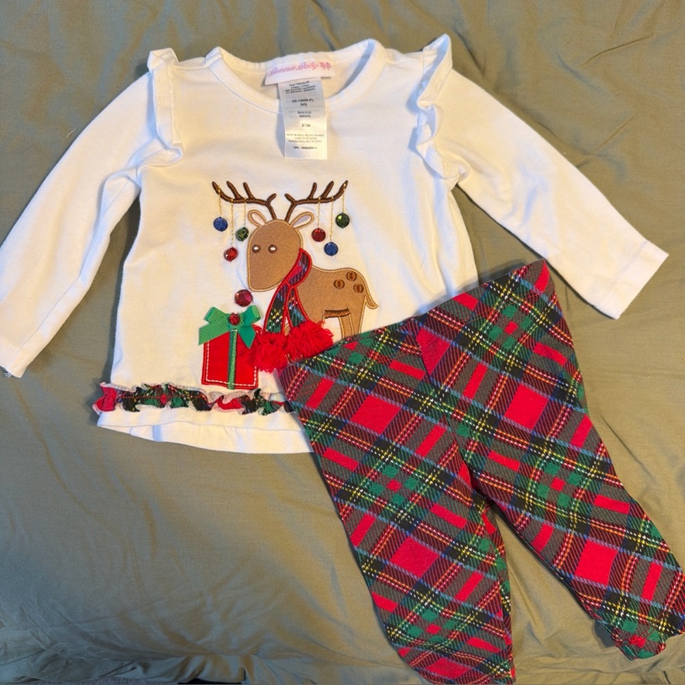 Bonnie Baby White Reindeer Top with Red and Green Plaid Pants